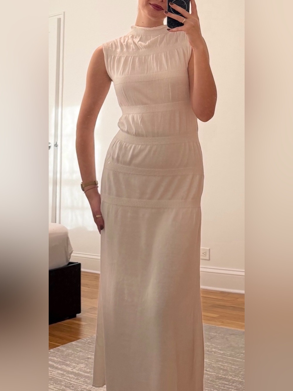 Sleeveless Cream Midi Dress - Elegant High Neck